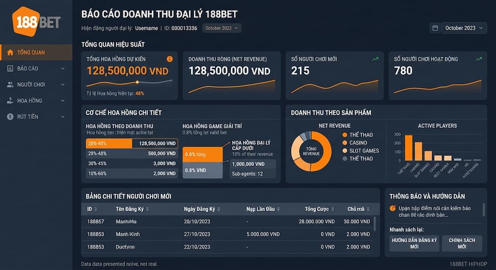 Đại Lý 188Bet - Kiếm Tiền Online Siêu Dễ Với Hoa Hồng Lên Tới 48% 5 Bảng báo cáo chi tiết doanh thu của 1 đại lý cấp 1